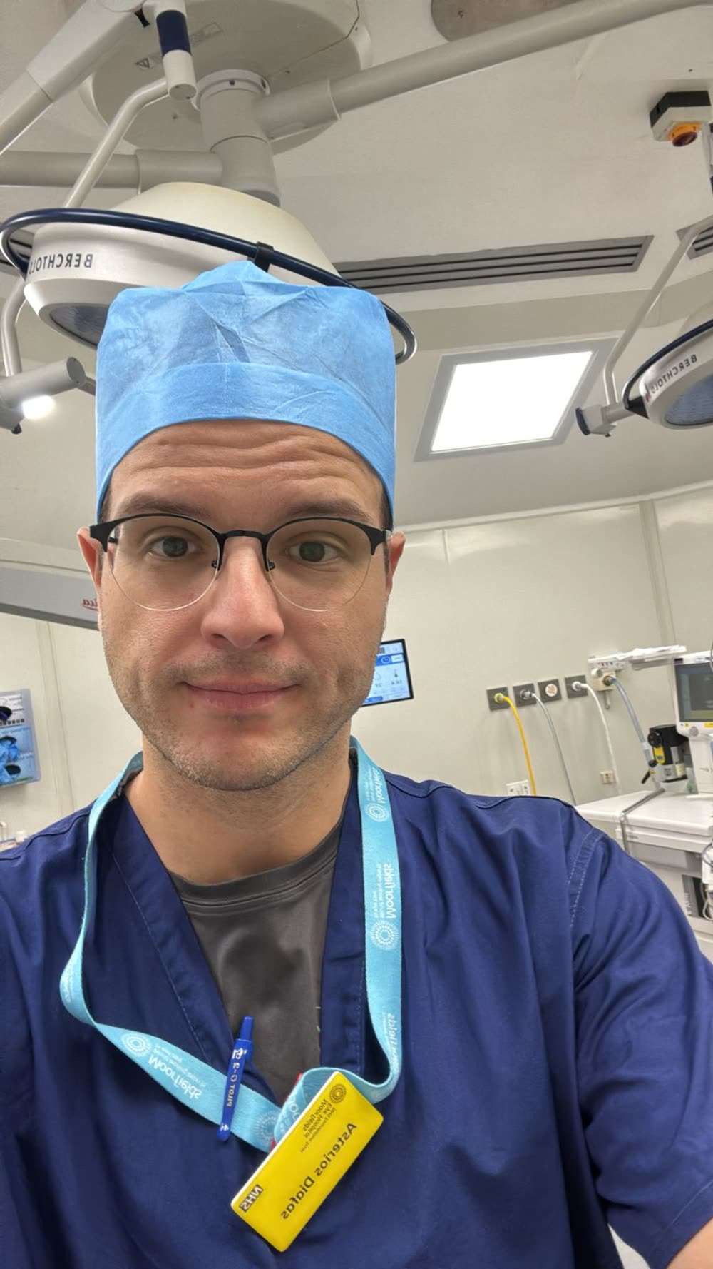 Dr. Asterios Diafas in theatre scrubs, between cases.